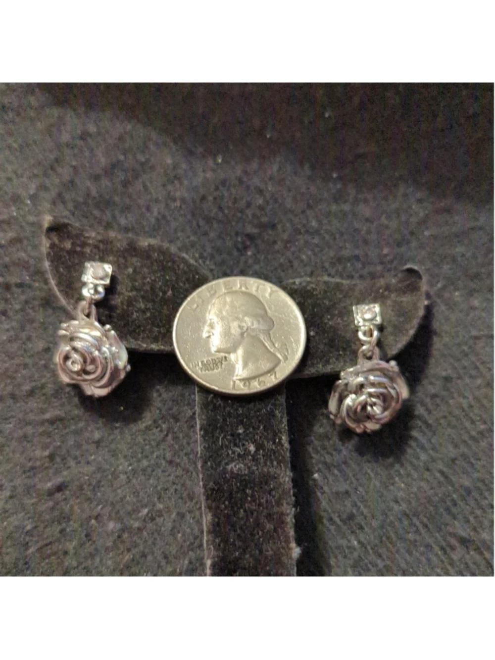 Silver Tone Clear Rhinestone Rose Flower Dainty Delicate Drop Statement Earrings